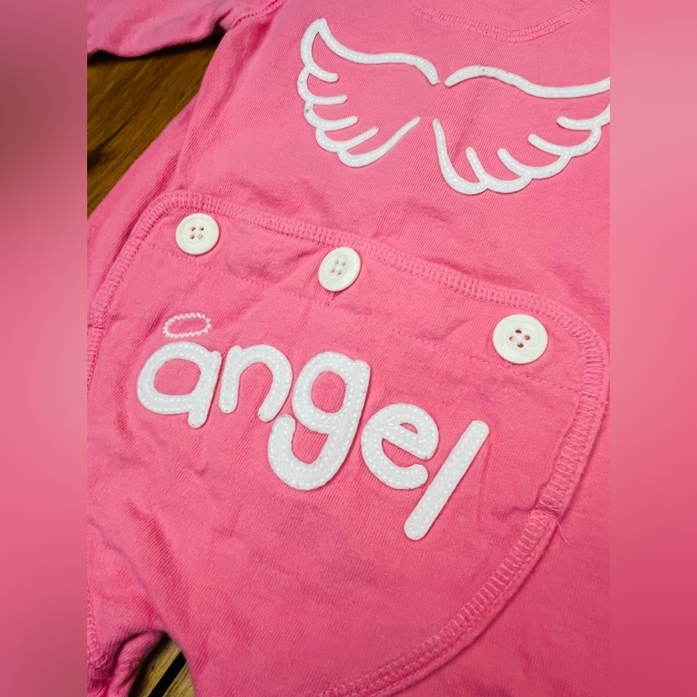 OshKosh B’gosh 3m One Piece Pink Angel Wings Stitch Footless Button Front Cotton - Picture 4 of 7